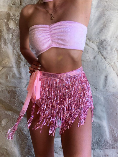 Σέξι γυναικείο κασκόλ Φούστα χορού της κοιλιάς Ολογραφική πούλιες με κρόσσια κολλητή φούστα στο πλάι Κοστούμι για πάρτι