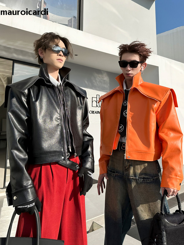Mauroicardi Άνοιξη Φθινόπωρο Δροσερό υπερμεγέθη κοντό μαύρο πορτοκαλί μαλακό δερμάτινο μπουφάν ανδρικό φερμουάρ Πολυτελή επώνυμα ρούχα μόδας