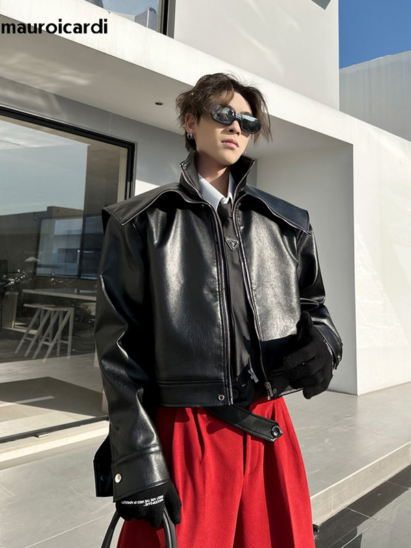 Mauroicardi Άνοιξη Φθινόπωρο Δροσερό υπερμεγέθη κοντό μαύρο πορτοκαλί μαλακό δερμάτινο μπουφάν ανδρικό φερμουάρ Πολυτελή επώνυμα ρούχα μόδας