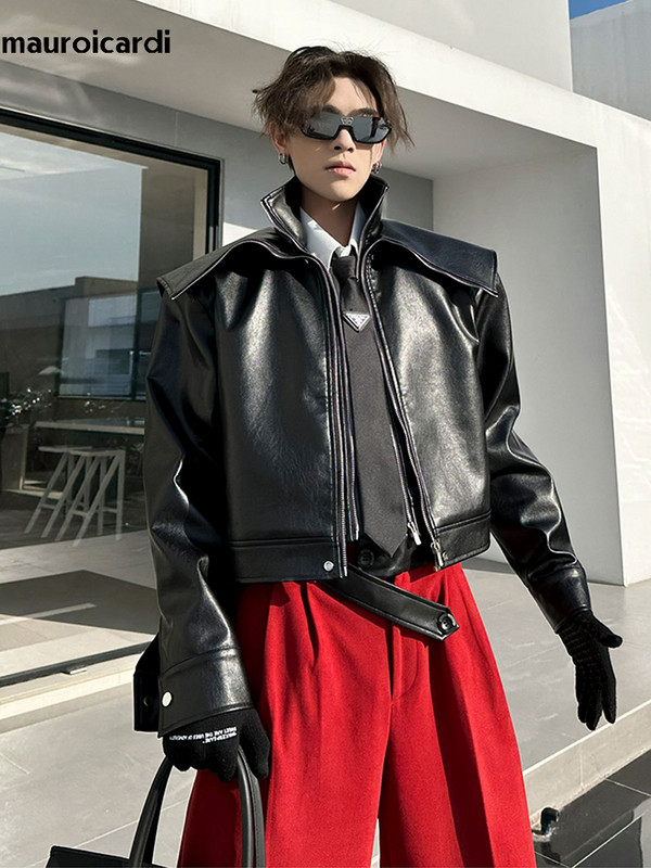 Mauroicardi Άνοιξη Φθινόπωρο Δροσερό υπερμεγέθη κοντό μαύρο πορτοκαλί μαλακό δερμάτινο μπουφάν ανδρικό φερμουάρ Πολυτελή επώνυμα ρούχα μόδας