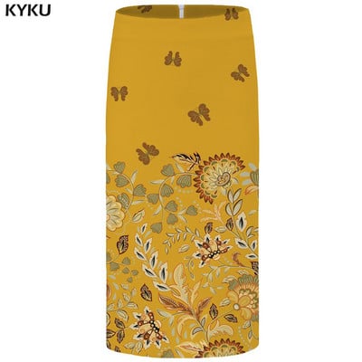 KYKU kvetinové sukne pre ženy, čierne farebné párty sukne, ležérne retro listové kvetinové 3D potlačené sukne, ceruzková vtipná dámska sukňa