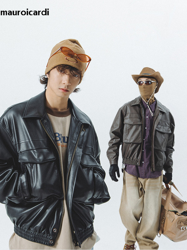 Mauroicardi Άνοιξη Φθινόπωρο Vintage Δροσερό μαύρο καφέ μαλακό Pu δερμάτινο μπουφάν Moto Ανδρικές τσέπες με φερμουάρ Πολυτελή ρούχα Cargo σχεδιαστών