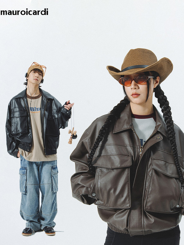 Mauroicardi Άνοιξη Φθινόπωρο Vintage Δροσερό μαύρο καφέ μαλακό Pu δερμάτινο μπουφάν Moto Ανδρικές τσέπες με φερμουάρ Πολυτελή ρούχα Cargo σχεδιαστών