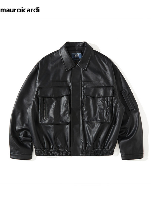 Mauroicardi Άνοιξη Φθινόπωρο Vintage Δροσερό μαύρο καφέ μαλακό Pu δερμάτινο μπουφάν Moto Ανδρικές τσέπες με φερμουάρ Πολυτελή ρούχα Cargo σχεδιαστών