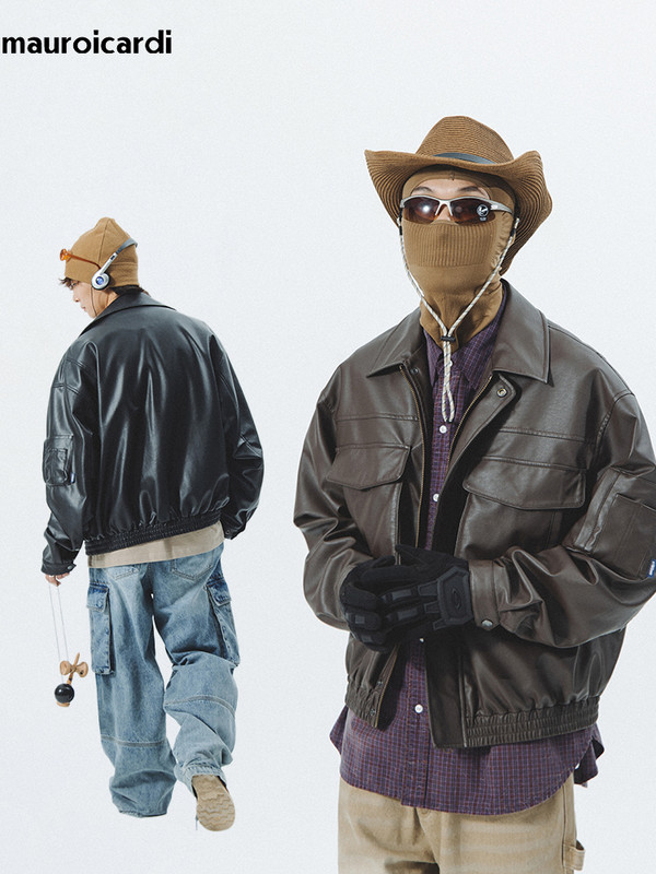 Mauroicardi Άνοιξη Φθινόπωρο Vintage Δροσερό μαύρο καφέ μαλακό Pu δερμάτινο μπουφάν Moto Ανδρικές τσέπες με φερμουάρ Πολυτελή ρούχα Cargo σχεδιαστών