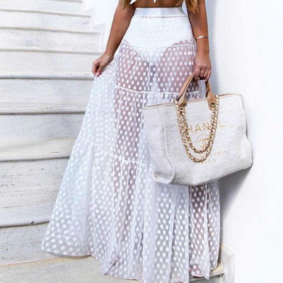 hirigin Fusta lungă din plasă transparentă pentru femei, cu talie înaltă, cu puncte, vară, vară, la plajă, frumoasă, transparentă