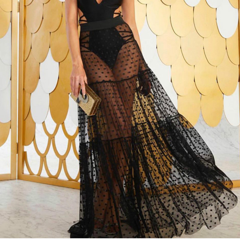 hirigin Fusta lungă din plasă transparentă pentru femei, cu talie înaltă, cu puncte, vară, vară, la plajă, frumoasă, transparentă