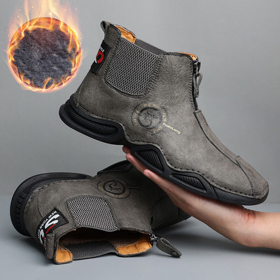 Cizme de iarnă pentru bărbați Cizme de zăpadă calde de pluș Cizme de piele pentru bărbați impermeabile din piele anti-alunecare Pantofi de iarnă pentru exterior Cizme de motocicletă