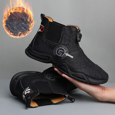 Cizme de iarnă pentru bărbați Cizme de zăpadă calde de pluș Cizme de piele pentru bărbați impermeabile din piele anti-alunecare Pantofi de iarnă pentru exterior Cizme de motocicletă