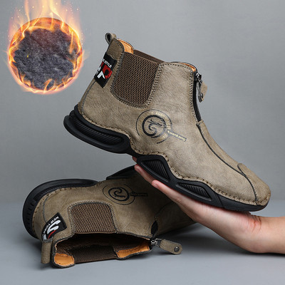 Cizme de iarnă pentru bărbați Cizme de zăpadă calde de pluș Cizme de piele pentru bărbați impermeabile din piele anti-alunecare Pantofi de iarnă pentru exterior Cizme de motocicletă