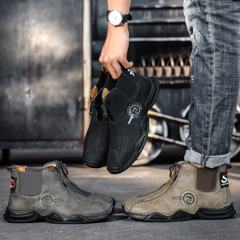 Cizme de iarnă pentru bărbați Cizme de zăpadă calde de pluș Cizme de piele pentru bărbați impermeabile din piele anti-alunecare Pantofi de iarnă pentru exterior Cizme de motocicletă
