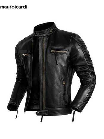 Mauroicardi Пролет Есен Cool Black Faux Leather Racer Motorcycle Jacket Men Zip Up Luxury Designer Emo Clothes 2023