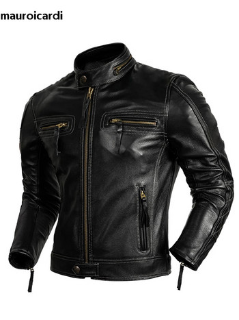 Mauroicardi Пролет Есен Cool Black Faux Leather Racer Motorcycle Jacket Men Zip Up Luxury Designer Emo Clothes 2023