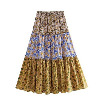 ZEVITY Ženska modna midi suknja s patchwork printom cvijeća s volanima A kroja Ženska suknja s leptir mašnom s elastičnim strukom Vestidos Mujer QUN4507