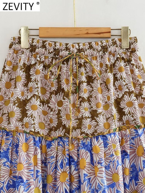 ZEVITY Ženska modna midi suknja s patchwork printom cvijeća s volanima A kroja Ženska suknja s leptir mašnom s elastičnim strukom Vestidos Mujer QUN4507