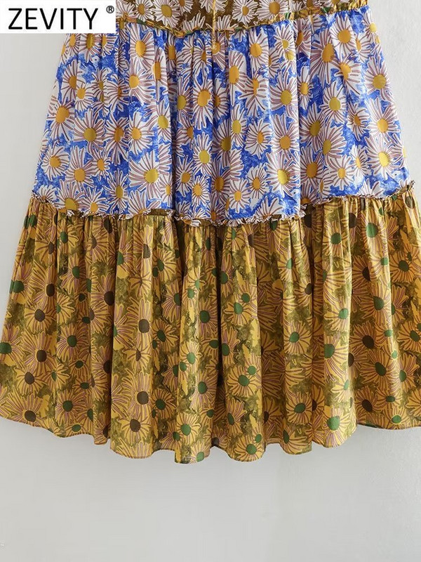 ZEVITY Ženska modna midi suknja s patchwork printom cvijeća s volanima A kroja Ženska suknja s leptir mašnom s elastičnim strukom Vestidos Mujer QUN4507