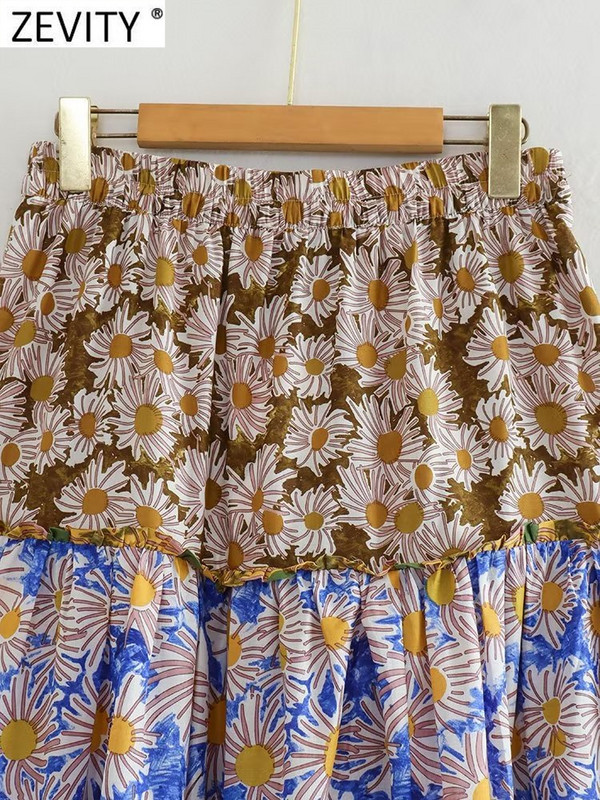 ZEVITY Ženska modna midi suknja s patchwork printom cvijeća s volanima A kroja Ženska suknja s leptir mašnom s elastičnim strukom Vestidos Mujer QUN4507