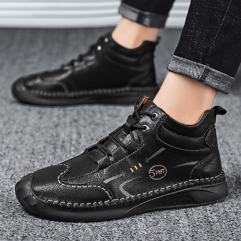 Pánske ležérne kožené čižmy, zimné členkové čižmy, vysoko kvalitné ručne vyrobené outdoorové topánky na voľný čas, motocyklové čižmy, pánske protišmykové snehové čižmy