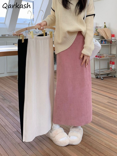 Κοτλέ φούστες Midi Γυναικείες Casual Solid Κομψό Harajuku Lovely Females College Ζεστή σε γραμμή Α ελαστική ψηλή μέση Κορεάτικη μόδα