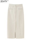 Zevity Ženska modna jednobojna ravna midi suknja s džepovima s prednjim rascjepom Faldas Mujer Ženski šik Vestidos s patentnim zatvaračem QUN5037