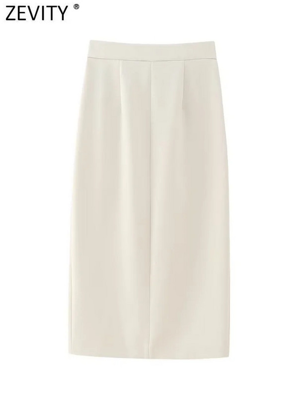 Zevity Ženska modna jednobojna ravna midi suknja s džepovima s prednjim rascjepom Faldas Mujer Ženski šik Vestidos s patentnim zatvaračem QUN5037