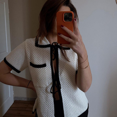 hirigin Ženske osnovne pletene majice Ležerni kardigan s prednjom kravatom Kontrastne boje Ljetne majice kratkih rukava Ulična odjeća Estetska odjeća