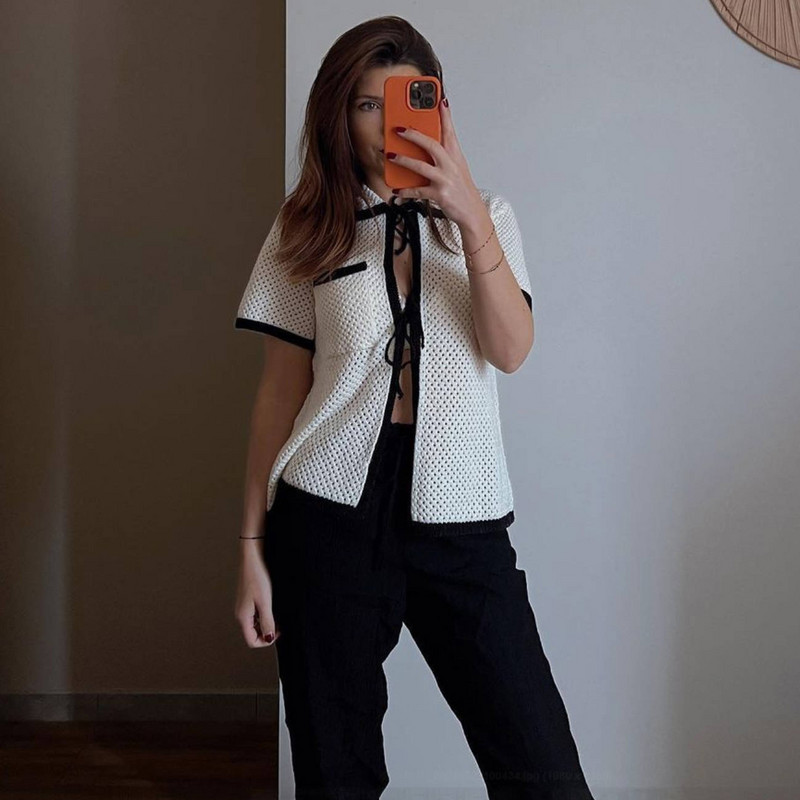 hirigin Ženske osnovne pletene majice Ležerni kardigan s prednjom kravatom Kontrastne boje Ljetne majice kratkih rukava Ulična odjeća Estetska odjeća