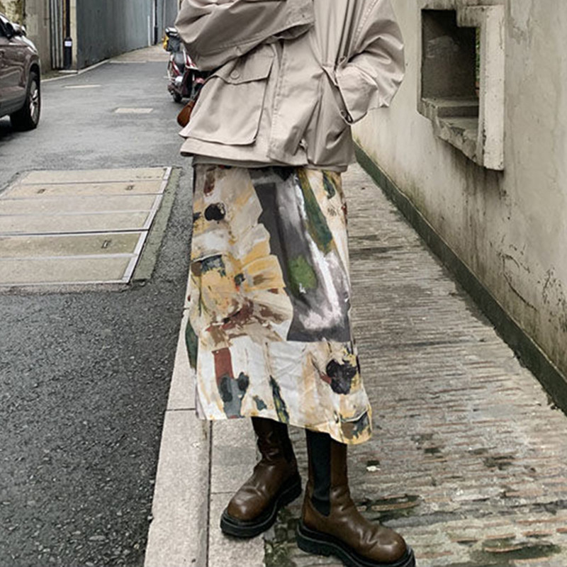 MEXZT Batic Dye Oil Painting Sukne Dámske Harajuku Rovné Slit Midi Sukne Y2K Retro Streetwear Vysoký Pás Bandážový Dizajn Sukňa