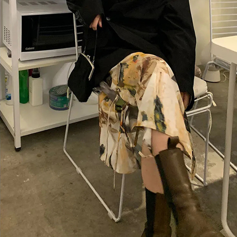 MEXZT Batic Dye Oil Painting Sukne Dámske Harajuku Rovné Slit Midi Sukne Y2K Retro Streetwear Vysoký Pás Bandážový Dizajn Sukňa