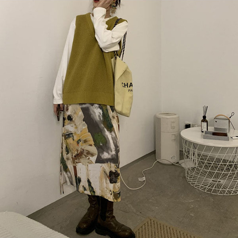 MEXZT Batic Dye Oil Painting Sukne Dámske Harajuku Rovné Slit Midi Sukne Y2K Retro Streetwear Vysoký Pás Bandážový Dizajn Sukňa