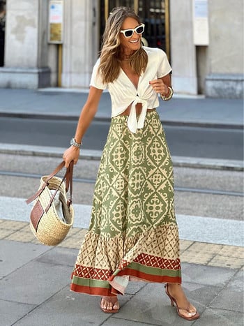 Foridol Geometric Print Vintage Maxi Καλοκαιρινή Φούστα Μέση Ελαστική Μακριά Casual Γυναικεία Faldas Mujer Spring Boho Beach Φούστα