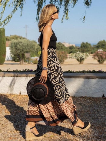 Foridol Geometric Print Vintage Maxi Καλοκαιρινή Φούστα Μέση Ελαστική Μακριά Casual Γυναικεία Faldas Mujer Spring Boho Beach Φούστα