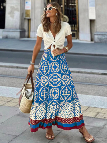 Foridol Geometric Print Vintage Maxi Καλοκαιρινή Φούστα Μέση Ελαστική Μακριά Casual Γυναικεία Faldas Mujer Spring Boho Beach Φούστα