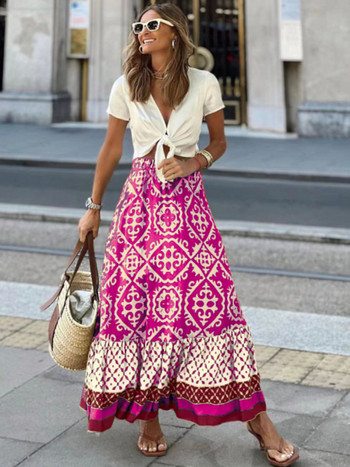 Foridol Geometric Print Vintage Maxi Καλοκαιρινή Φούστα Μέση Ελαστική Μακριά Casual Γυναικεία Faldas Mujer Spring Boho Beach Φούστα