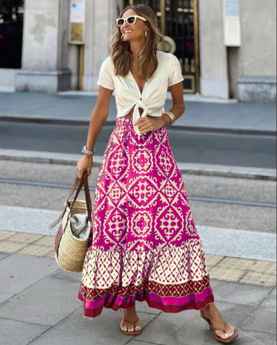 Foridol Geometric Print Vintage Maxi Καλοκαιρινή Φούστα Μέση Ελαστική Μακριά Casual Γυναικεία Faldas Mujer Spring Boho Beach Φούστα