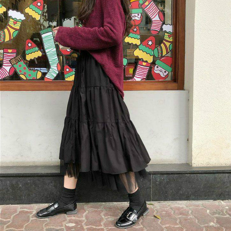 Μακριές φούστες Γυναικείες Διχτυωτές Υπέροχες Κομψές Έφηβες Ulzzang Chic Ruched Club Ρομαντικό Ψηλόμεσο Ελαστικό Κορεάτικο Στιλ Φοιτητές κολεγίου