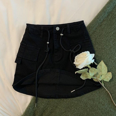 Vintage ψηλόμεση μίνι φούστα με ζώνη Γυναικεία κορεατική μόδα τσέπη Demin φούστα Cargo Γυναικεία σορτς φούστα με σχέδιο H γραμμή