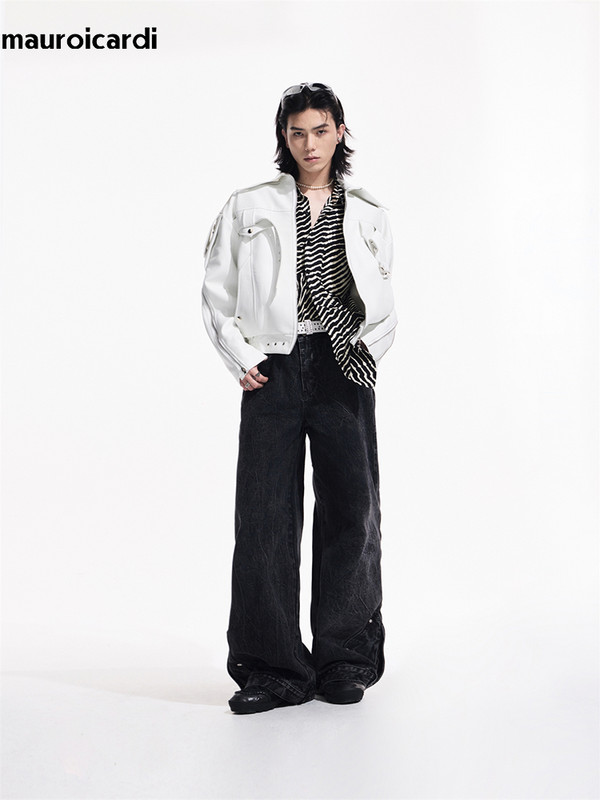 Mauroicardi Άνοιξη Φθινόπωρο Cool Loose Λευκό Μαλακό Δερμάτινο Μπουφάν Ανδρική Ζώνη με φερμουάρ Πολυτελή επώνυμα ρούχα Μόδα πασαρέλας 2023