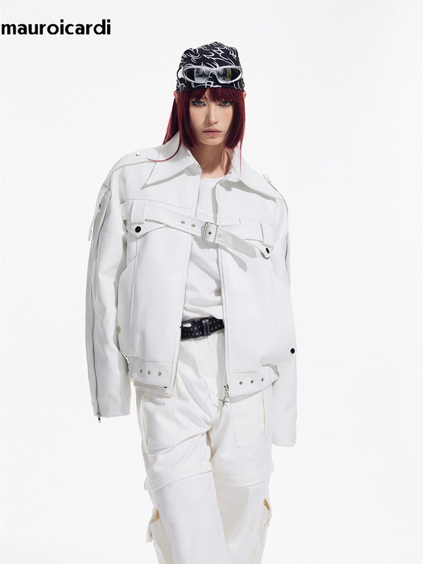 Mauroicardi Άνοιξη Φθινόπωρο Cool Loose Λευκό Μαλακό Δερμάτινο Μπουφάν Ανδρική Ζώνη με φερμουάρ Πολυτελή επώνυμα ρούχα Μόδα πασαρέλας 2023