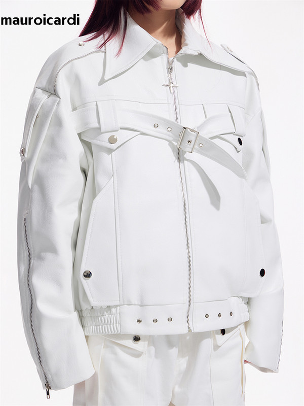 Mauroicardi Άνοιξη Φθινόπωρο Cool Loose Λευκό Μαλακό Δερμάτινο Μπουφάν Ανδρική Ζώνη με φερμουάρ Πολυτελή επώνυμα ρούχα Μόδα πασαρέλας 2023