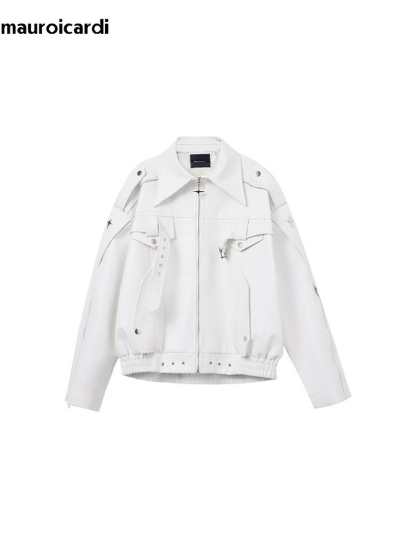 Mauroicardi Άνοιξη Φθινόπωρο Cool Loose Λευκό Μαλακό Δερμάτινο Μπουφάν Ανδρική Ζώνη με φερμουάρ Πολυτελή επώνυμα ρούχα Μόδα πασαρέλας 2023