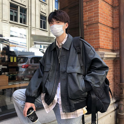 Ανδρικό δερμάτινο μπουφάν Μαύρο μαλακό συνθετικό δερμάτινο μπουφάν μοτοσικλέτας ποδήλατο Fashion δερμάτινο μπουφάν Ανδρικό μπουφάν τσέπη