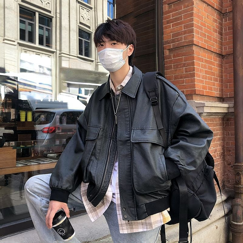 Ανδρικό δερμάτινο μπουφάν Μαύρο μαλακό συνθετικό δερμάτινο μπουφάν μοτοσικλέτας ποδήλατο Fashion δερμάτινο μπουφάν Ανδρικό μπουφάν τσέπη