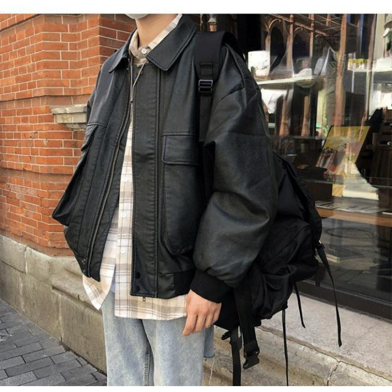 Ανδρικό δερμάτινο μπουφάν Μαύρο μαλακό συνθετικό δερμάτινο μπουφάν μοτοσικλέτας ποδήλατο Fashion δερμάτινο μπουφάν Ανδρικό μπουφάν τσέπη