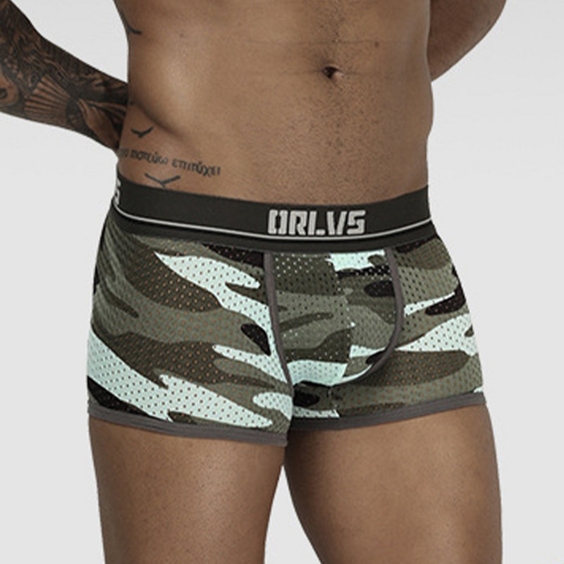 Lenjerie de corp pentru bărbați de camuflaj sexy Slip boxer Pantaloni scurți din plasă respirabil Trunchi Sexy U Convex Pouch Boxershorts masculin
