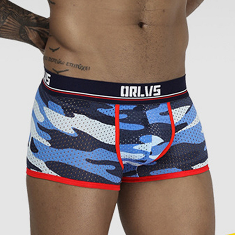 Lenjerie de corp pentru bărbați de camuflaj sexy Slip boxer Pantaloni scurți din plasă respirabil Trunchi Sexy U Convex Pouch Boxershorts masculin