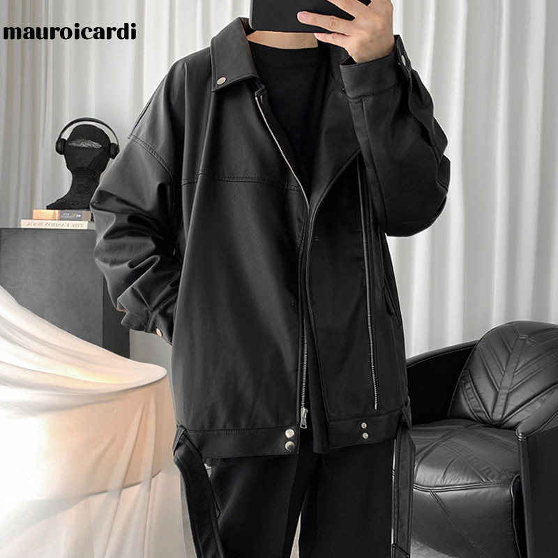 Mauroicardi proljetna crna prevelika kožna biciklistička jakna Muške ležerne široke korejske modne muške jakne od umjetne kože 2021.