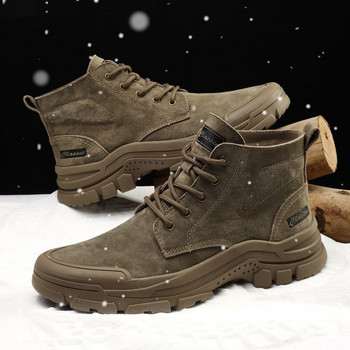 Χειμερινές ζεστές ανδρικές μπότες χιονιού Δερμάτινες σουέτ Ανδρικές μπότες μοτοσυκλέτας με γούνινα χειροποίητα μποτάκια αστραγάλου αντιολισθητικά ψηλά παπούτσια