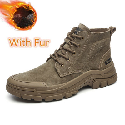 Žiemos šilti vyriški sniego batai Zomšiniai odiniai vyriški motociklo batai su kailiu Madingi rankų darbo kulkšnies batai neslystantys aukštakulniai vyriški batai