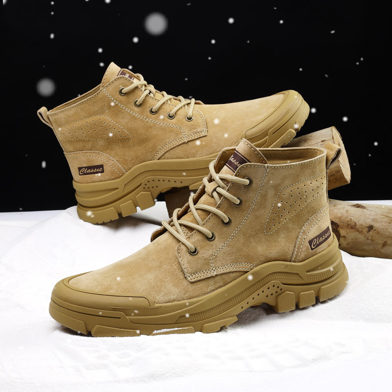 Žiemos šilti vyriški sniego batai Zomšiniai odiniai vyriški motociklo batai su kailiu Madingi rankų darbo kulkšnies batai neslystantys aukštakulniai vyriški batai
